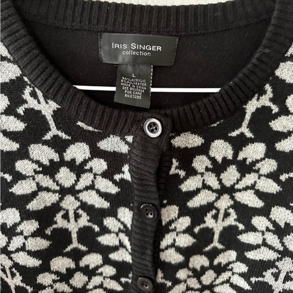 Iris Singer Retro Black and White Floral Cardigan Sweater L - Picture 2 of 4